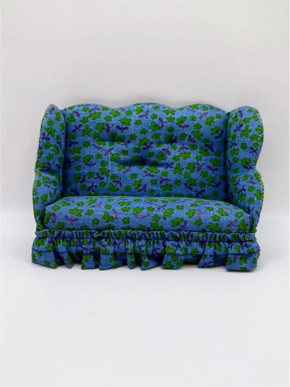 1:12 Scale Miniature Vintage 1970s Dollhouse Sofa Blue Floral Upholstery Ruffle
